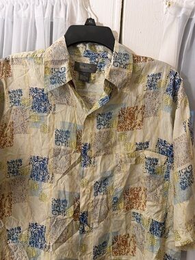 Bruno Men’s Medium Silk Button Up Shirt Short-Sleeve Beige Abstract Hawaiian